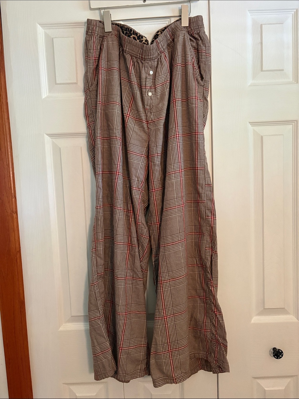 aerie Brown Plaid Wide-Leg Pants with Red Stripe PJ pants.